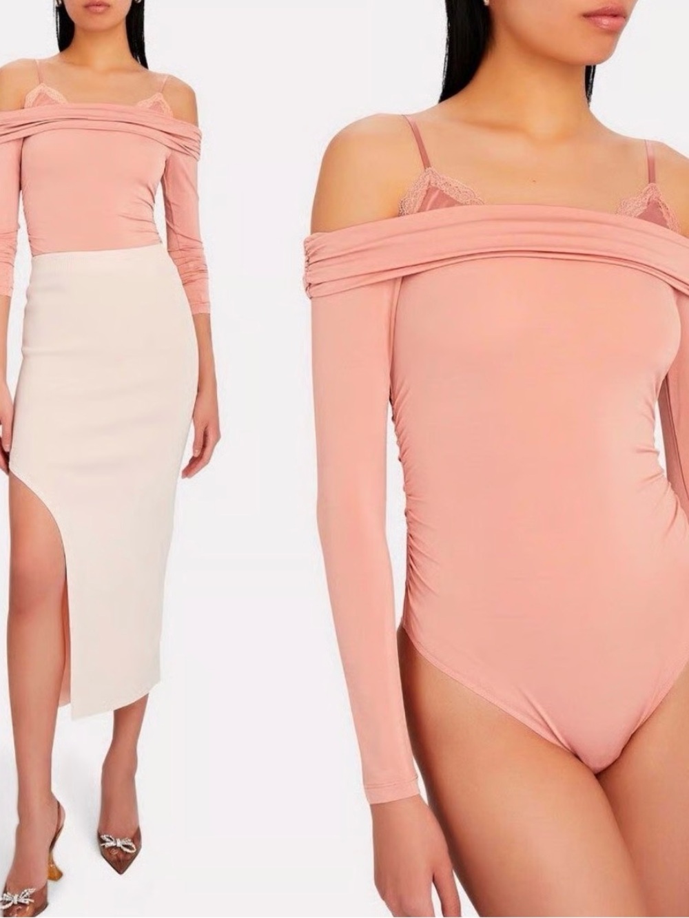 Jonathan Simkhai NightNight Cold shoulder lace trimmed bodysuit in blush pink